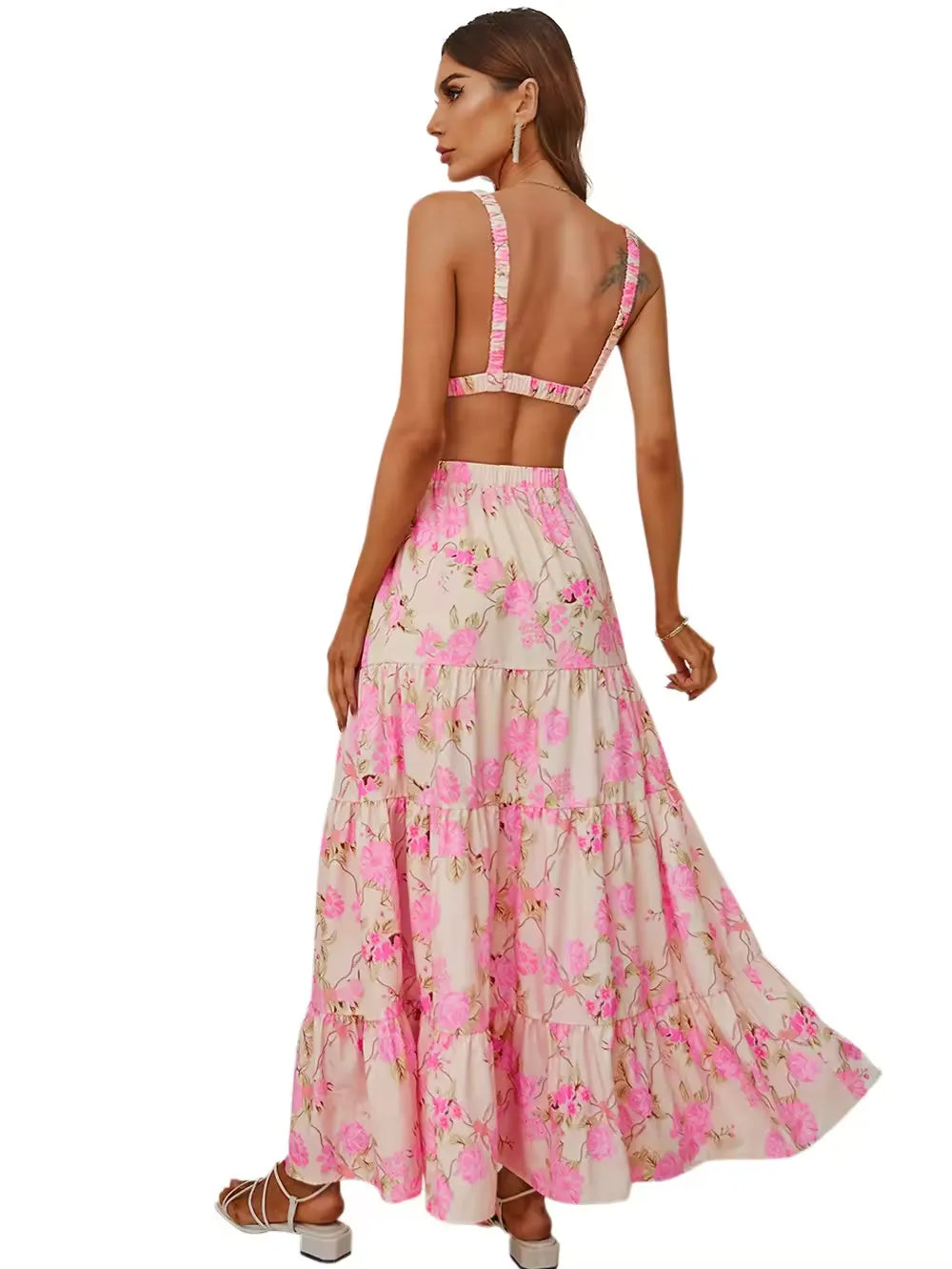 Boho ruffle Skirt summer two piece skirt set vacation dresses for women floral maxi beach dress