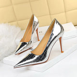 Slip-On High Heels Metal Stone Pattern Slim Shallow Mouth Pointed European American Retro Sexy Nightclub Single Shoes Girl