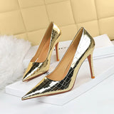 Slip-On High Heels Metal Stone Pattern Slim Shallow Mouth Pointed European American Retro Sexy Nightclub Single Shoes Girl