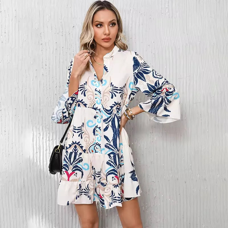 Boho Clothing Summer Women Fashion Cute Floral V Neck Tiered Ruffle Short Mini Bohemian Boho Dress