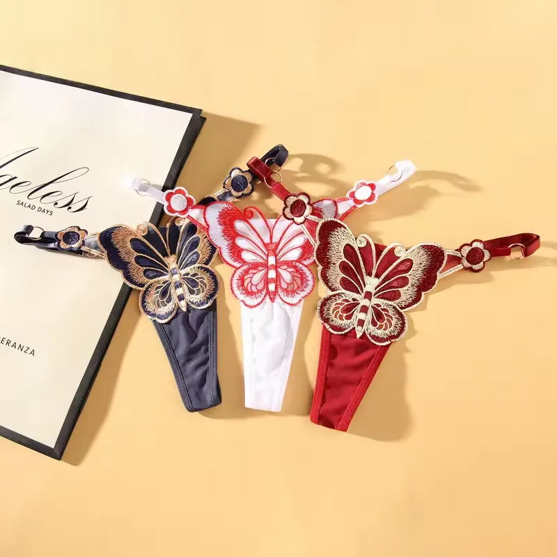 Cute Butterfly Embroidery Women Thongs G strings Sexy Transparent Mesh Briefs Adjustable Waist Panties Lin Ge Lei G-string Thong (6 pieces)