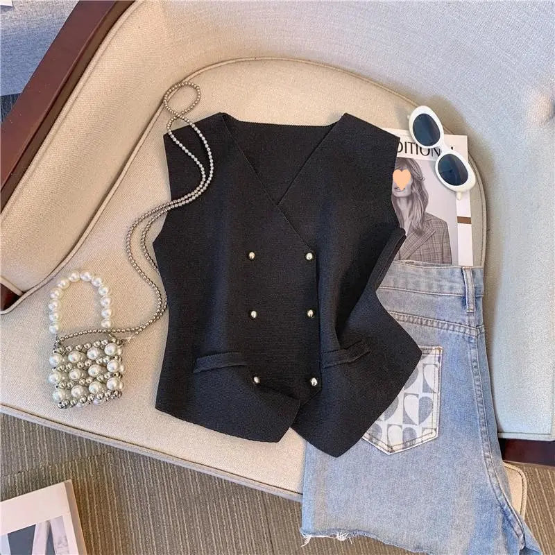Button Sleeveless Tops V-neck Going Out Tops Knitted Cropped tank