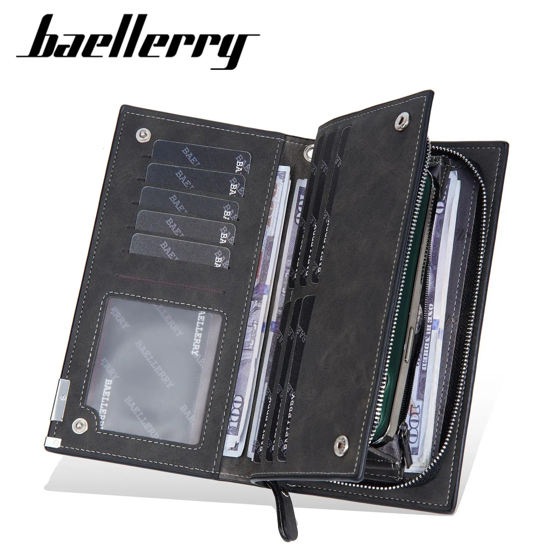 Wallets Baellerry Personalized Design Men's Handbag Multi Card Position Frosted Leather Wallet With Wrist Strap Card Holder