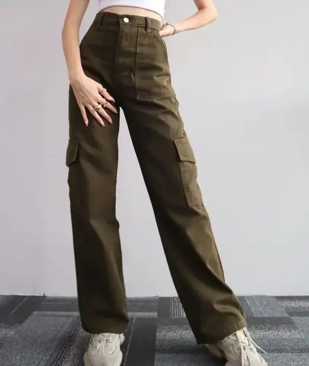 Women's High-Waist Casual Denim Pants with Three-dimensional Pocket Versatile Cargo Leggings for Girls