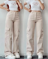 Women's High-Waist Casual Denim Pants with Three-dimensional Pocket Versatile Cargo Leggings for Girls