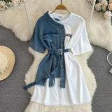 Round Neck Color Blocking Denim Shirt Dress