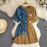Round Neck Color Blocking Denim Shirt Dress