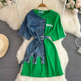 Round Neck Color Blocking Denim Shirt Dress