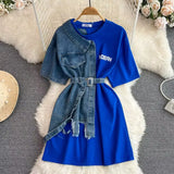 Round Neck Color Blocking Denim Shirt Dress