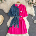 Round Neck Color Blocking Denim Shirt Dress