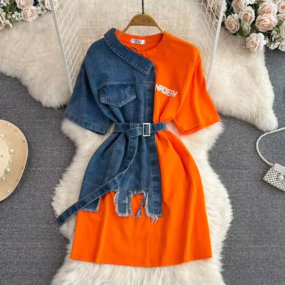 Round Neck Color Blocking Denim Shirt Dress