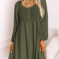 Womens 2024 Casual Dress Smocked Crewneck Button up Long Sleeve Empire Waist A-Line Mini Dress