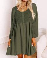Womens 2024 Casual Dress Smocked Crewneck Button up Long Sleeve Empire Waist A-Line Mini Dress