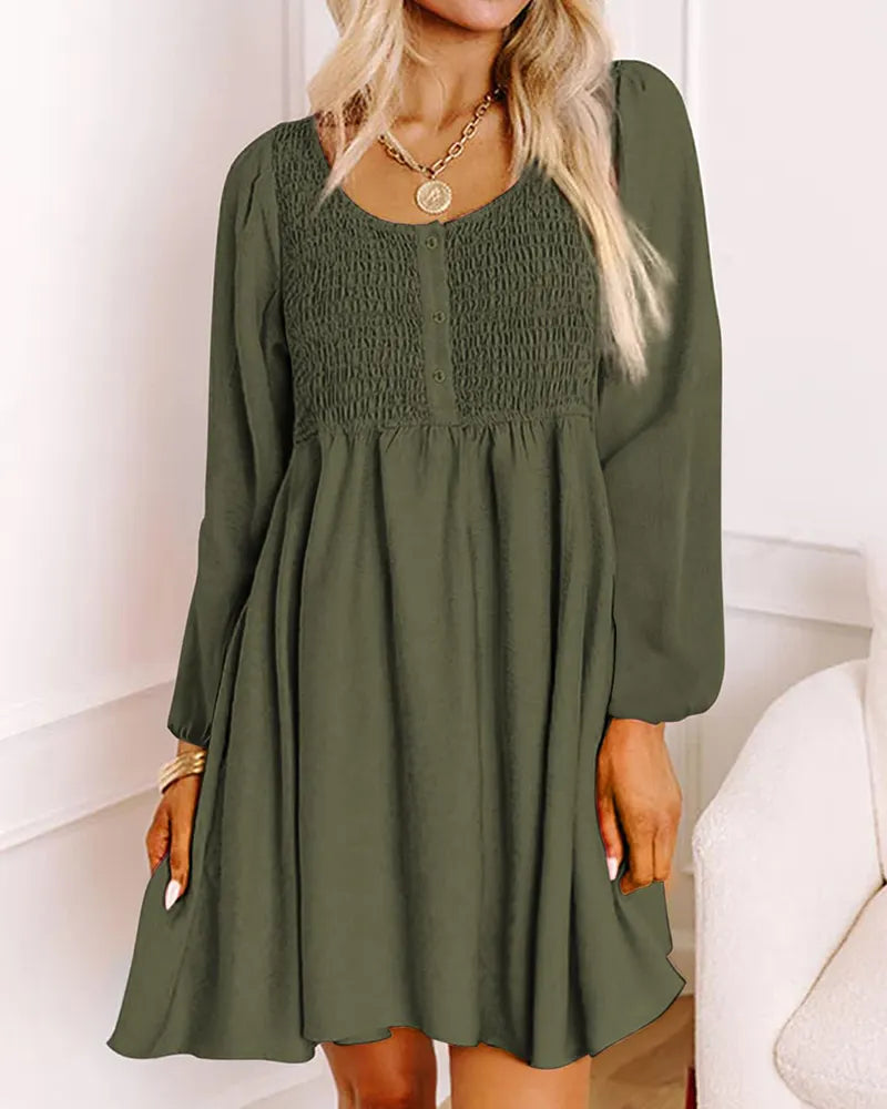 Womens 2024 Casual Dress Smocked Crewneck Button up Long Sleeve Empire Waist A-Line Mini Dress