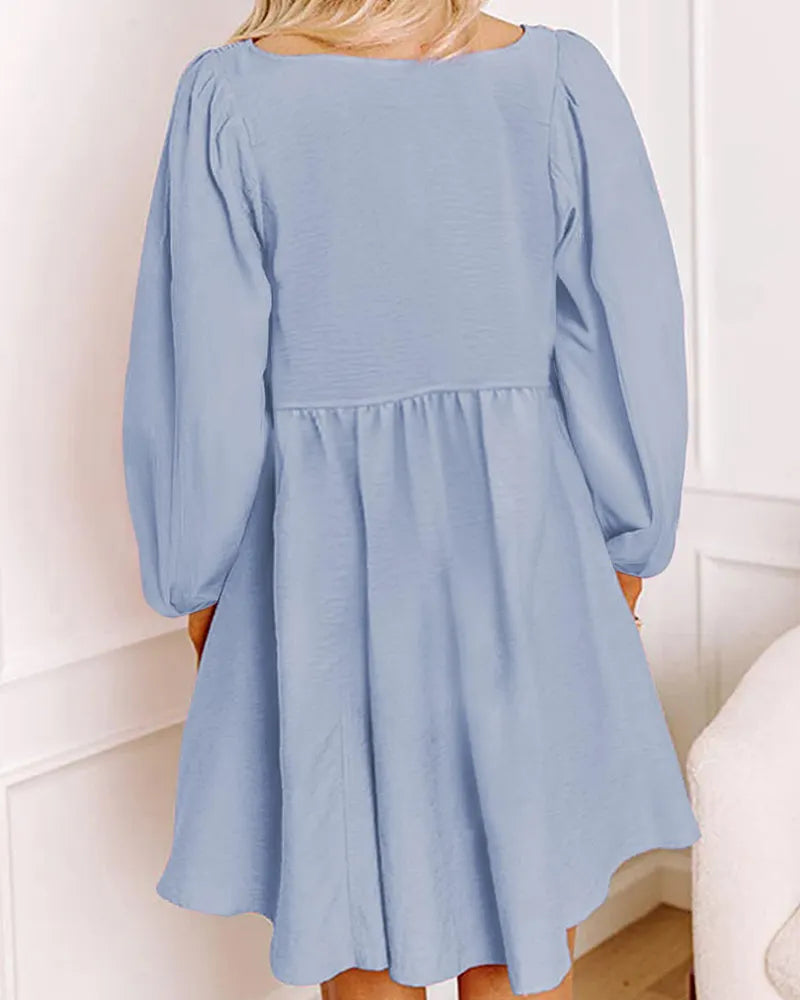 Womens 2024 Casual Dress Smocked Crewneck Button up Long Sleeve Empire Waist A-Line Mini Dress
