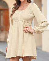 Womens 2024 Casual Dress Smocked Crewneck Button up Long Sleeve Empire Waist A-Line Mini Dress