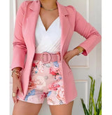 Solid Blazer Femme Two Piece Shorts Set
