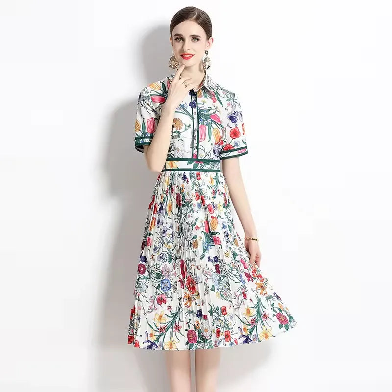 Elegant Floral Print Pleated Midi Dress