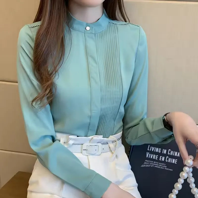 Spring Korean Style Shirt Womens Design Fashion Style Long-sleeved Temperament Stand-up Collar Shirt Summer Casual Polyester