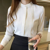 Spring Korean Style Shirt Womens Design Fashion Style Long-sleeved Temperament Stand-up Collar Shirt Summer Casual Polyester