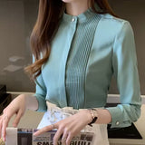 Spring Korean Style Shirt Womens Design Fashion Style Long-sleeved Temperament Stand-up Collar Shirt Summer Casual Polyester
