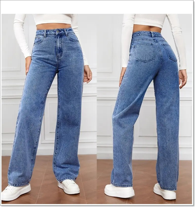 Women Jeans Straight Leg High Waist Blue Washed Cowboy Denim Pants Vintage 90's Streetwear Jeans