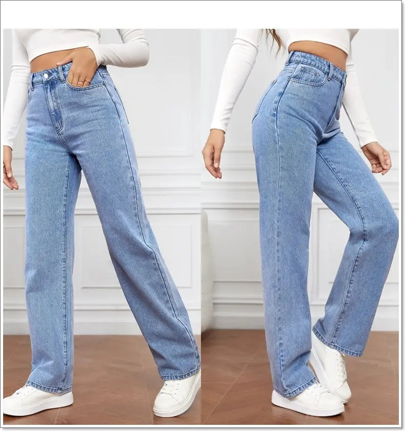 Women Jeans Straight Leg High Waist Blue Washed Cowboy Denim Pants Vintage 90's Streetwear Jeans