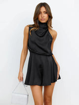 Lady Satin Rompers 2024 Streetwear Black One Piece White Jumpsuit Women Elegant