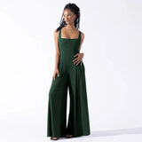  Summer Ribbed Overalls Causal Loose One Piece Sleeveless Wide Leg Long Pants Square Collar Jumpsuit Women