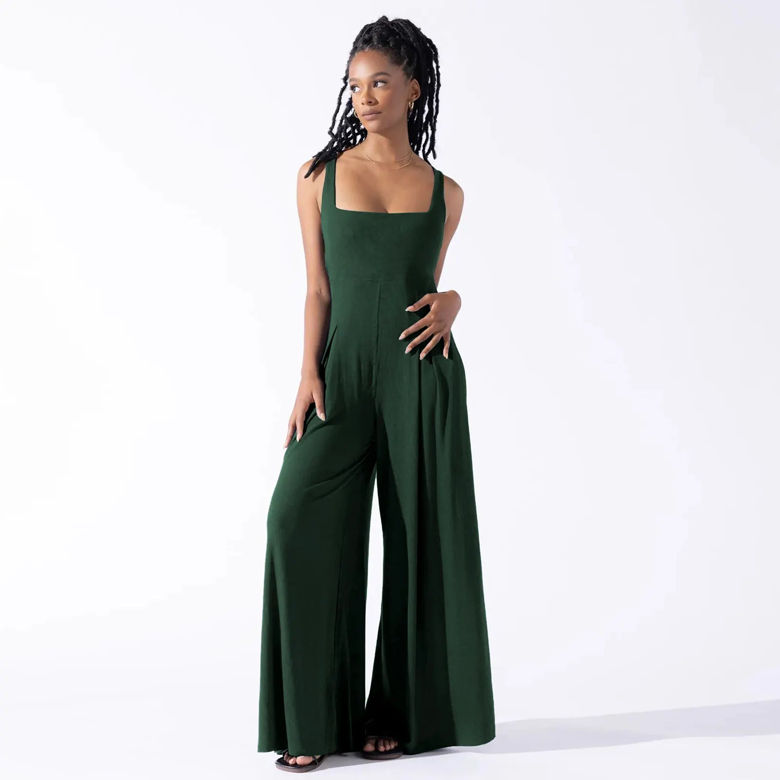  Summer Ribbed Overalls Causal Loose One Piece Sleeveless Wide Leg Long Pants Square Collar Jumpsuit Women