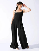  Summer Ribbed Overalls Causal Loose One Piece Sleeveless Wide Leg Long Pants Square Collar Jumpsuit Women