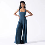  Summer Ribbed Overalls Causal Loose One Piece Sleeveless Wide Leg Long Pants Square Collar Jumpsuit Women