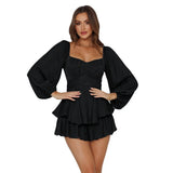 Square Collar Long Sleeves Ruffle Hem Ladies Shorts Skirt Casual Elegant Rompers Women Jumpsuit