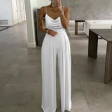 Sleeveless Top Wide Leg Jumpsuit With Pearl Halter