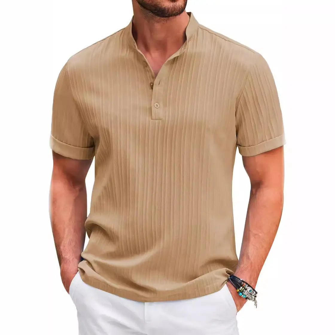 Men Summer T-shirt Sand Collar Cotton Linen Short Sleeve Button Solid Color Men's Tops Blouse T-shirt Casual T-shirt