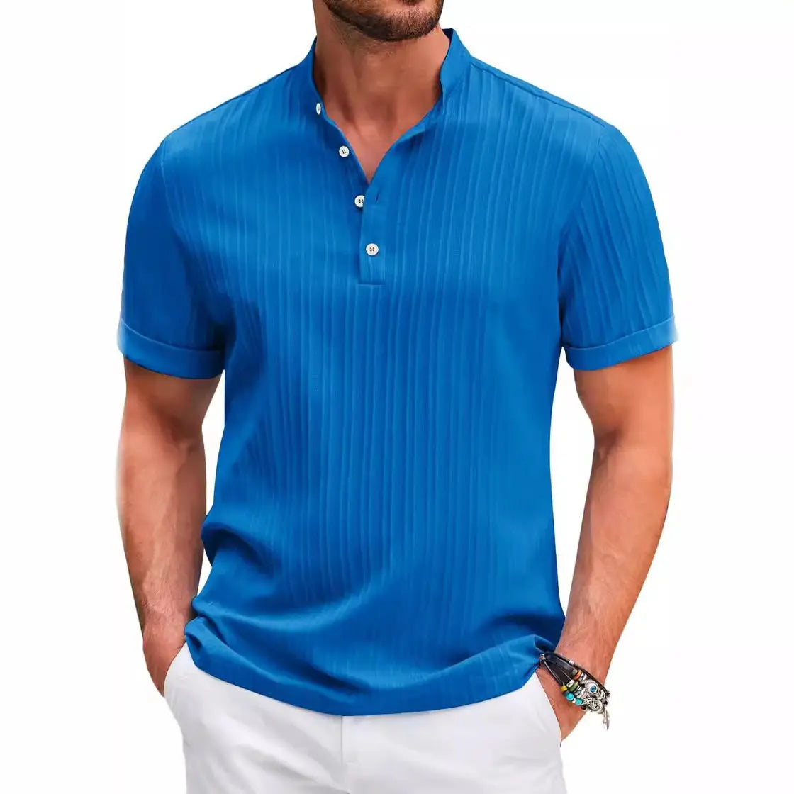 Men Summer T-shirt Sand Collar Cotton Linen Short Sleeve Button Solid Color Men's Tops Blouse T-shirt Casual T-shirt
