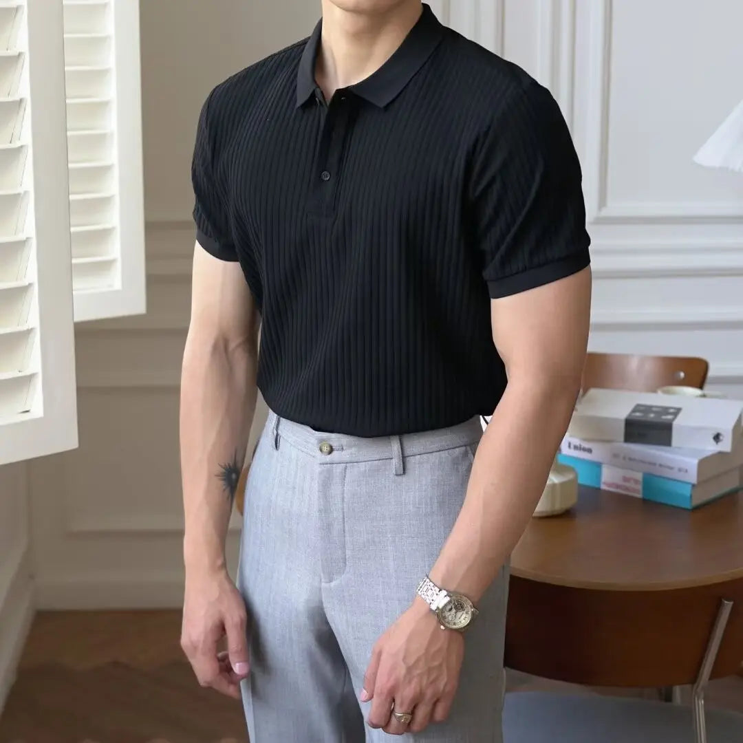  Striped Solid Color Short-sleeved Men's Casual Retro Versatile Lapel Polo Shirt