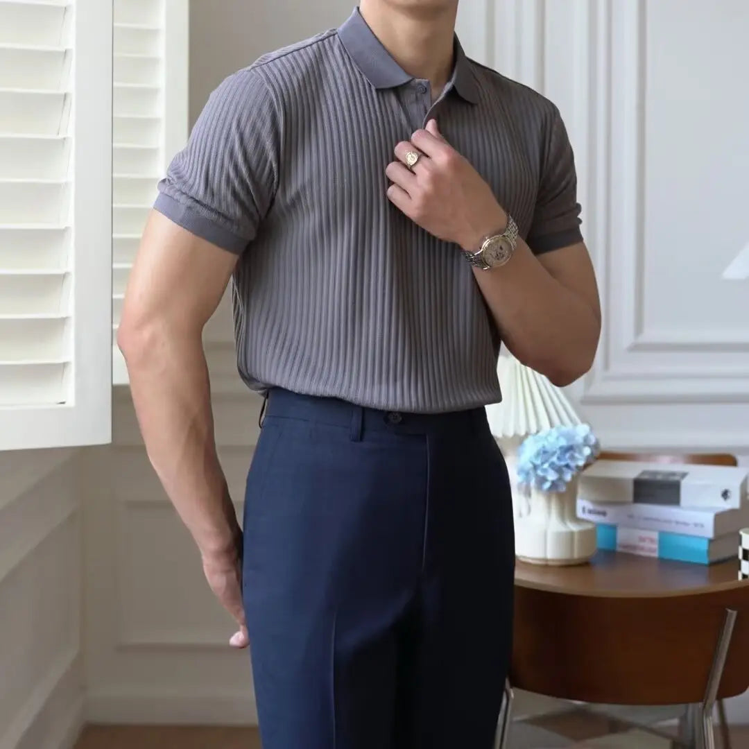  Striped Solid Color Short-sleeved Men's Casual Retro Versatile Lapel Polo Shirt