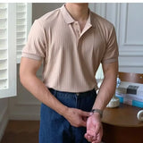  Striped Solid Color Short-sleeved Men's Casual Retro Versatile Lapel Polo Shirt