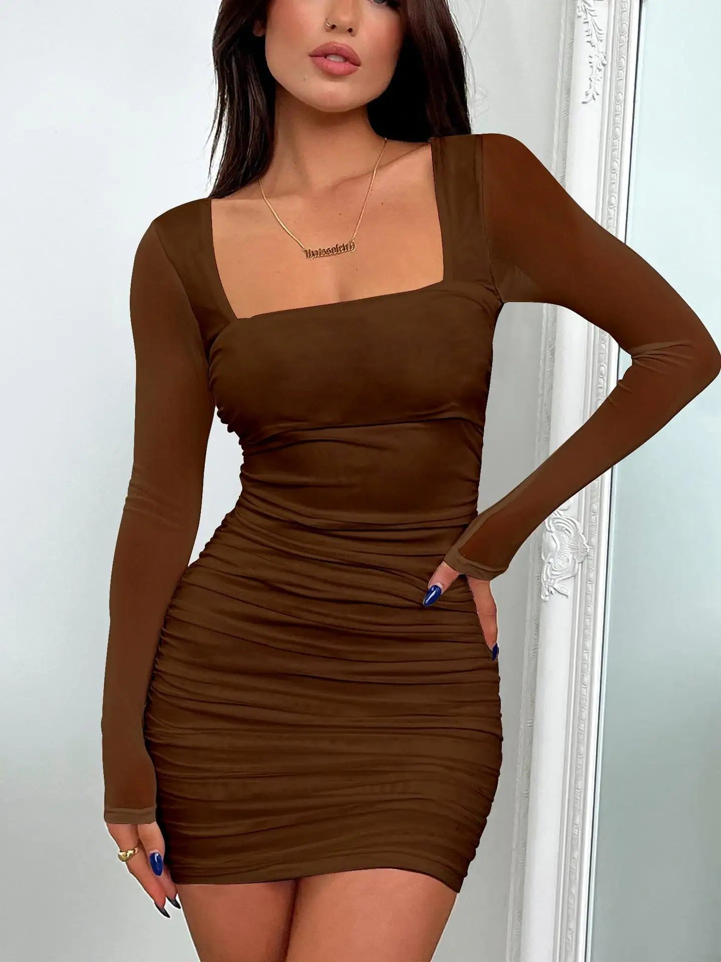 2025 Women's Sexy Mini Dress Long Mesh Sleeve Party Pleated Bodycon Dress