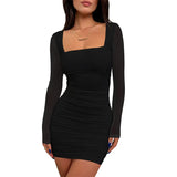 2025 Women's Sexy Mini Dress Long Mesh Sleeve Party Pleated Bodycon Dress