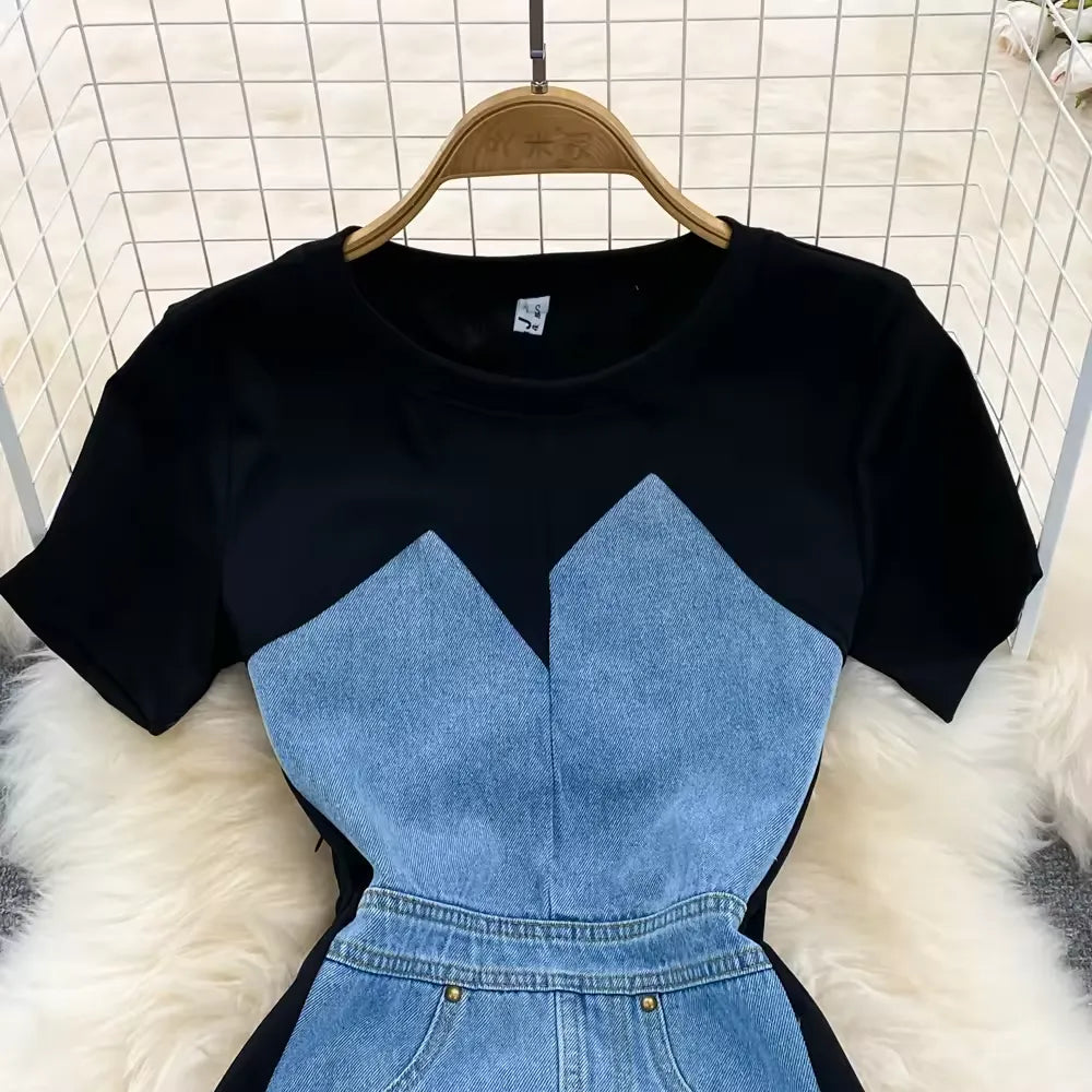 Contrast Color Denim High-Waist Midi Dress