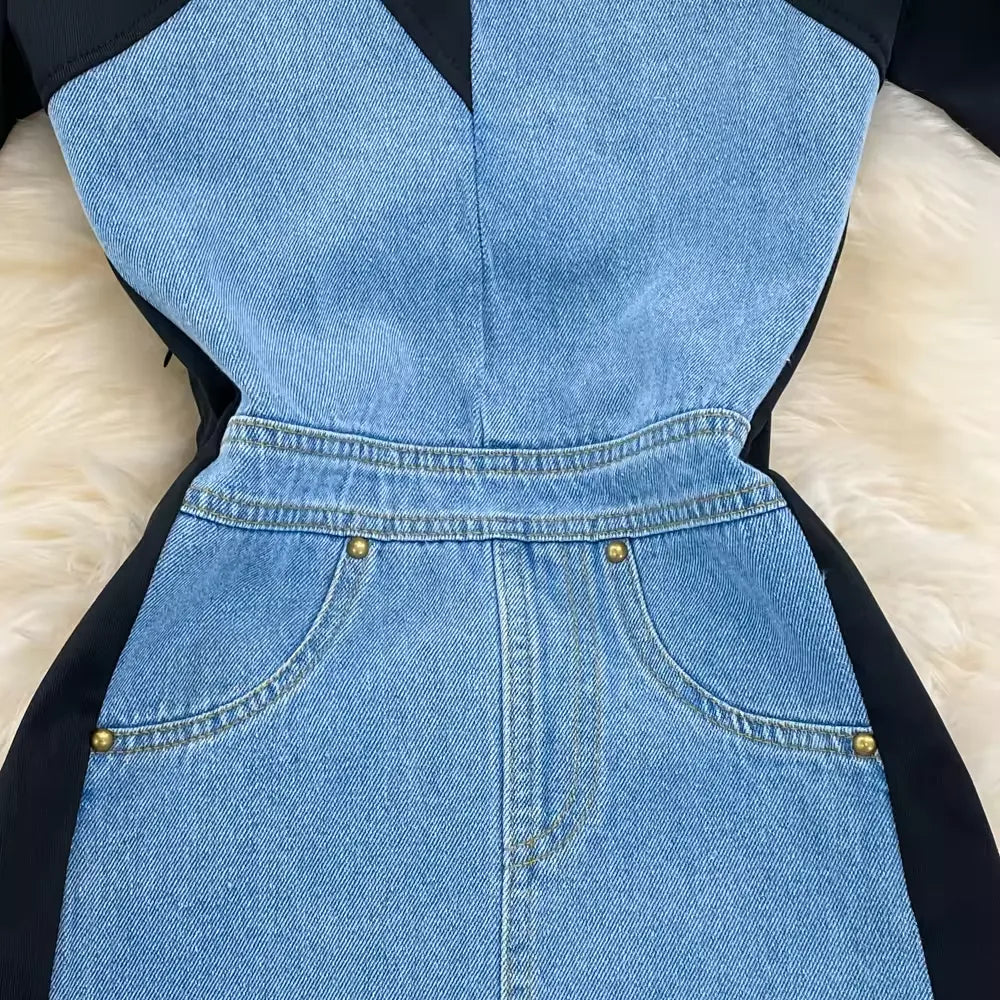 Short Sleeve O-neck Solid A-line Dress Summer Contrast Color Denim High Waist Midi Dress Ladies Casual Dress Clothes Women