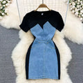 Contrast Color Denim High-Waist Midi Dress