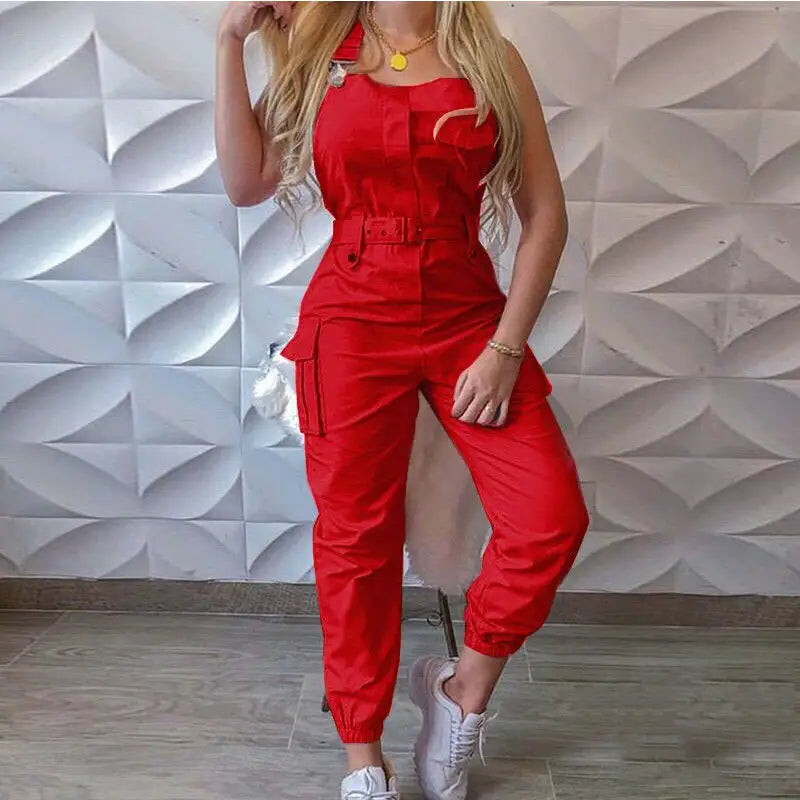 Versatile Women's Workwear Pocket Jumpsuit Sleeveless Shoulder Strap Pants Set With Minimalist Leggings and Waistband