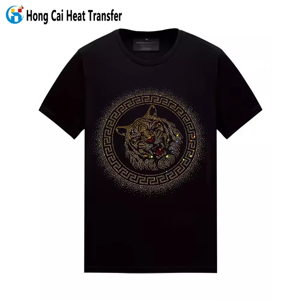 100% Black Men's printed cotton t shirt elastic  heat transfer oversize tshirt men