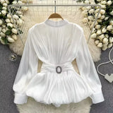 Retro Women's Fold-Waist Slimming Lotus Leaf Swing Top