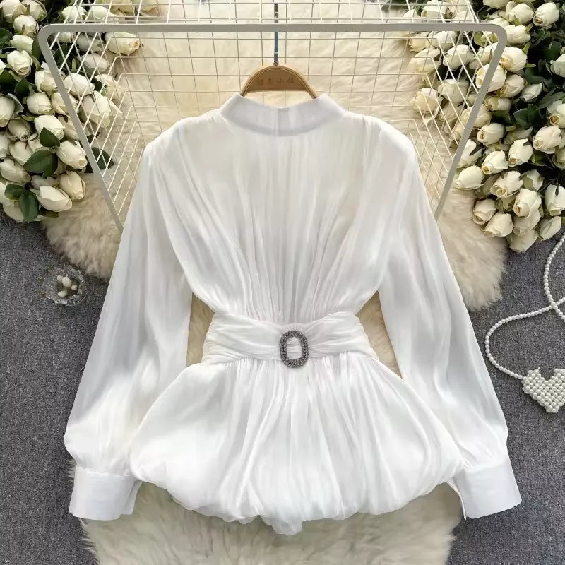 Retro Women's Fold-Waist Slimming Lotus Leaf Swing Top
