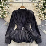Retro Women's Fold-Waist Slimming Lotus Leaf Swing Top