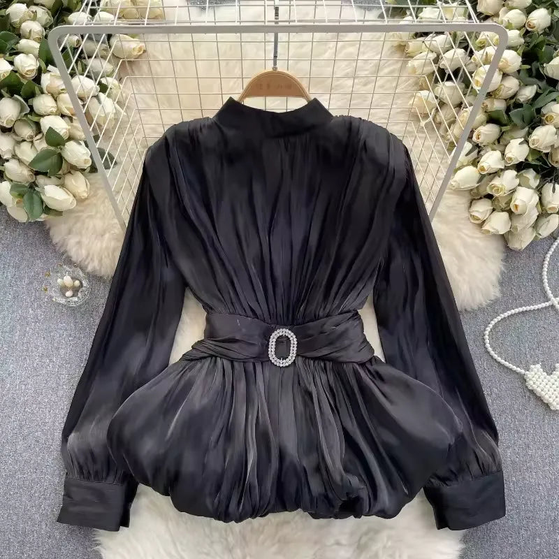 Retro Women's Fold-Waist Slimming Lotus Leaf Swing Top